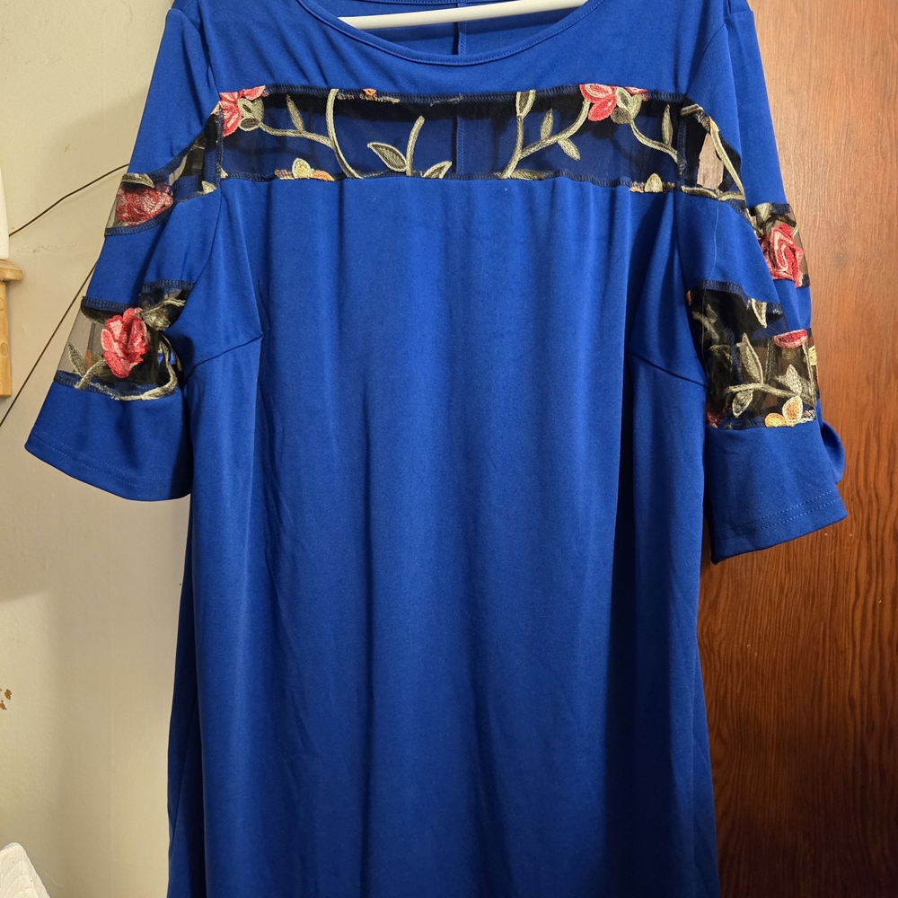 Blue Midi Dress with Floral Lace Insets